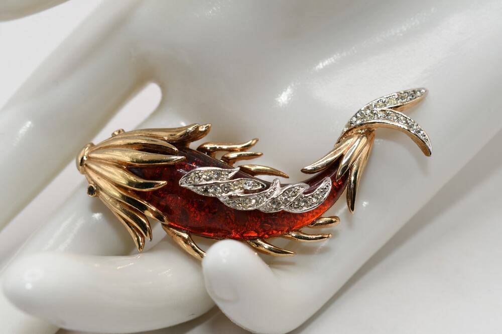 Vintage Boucher Koi Fish Brooch 7005P Red Lucite Rhinestones